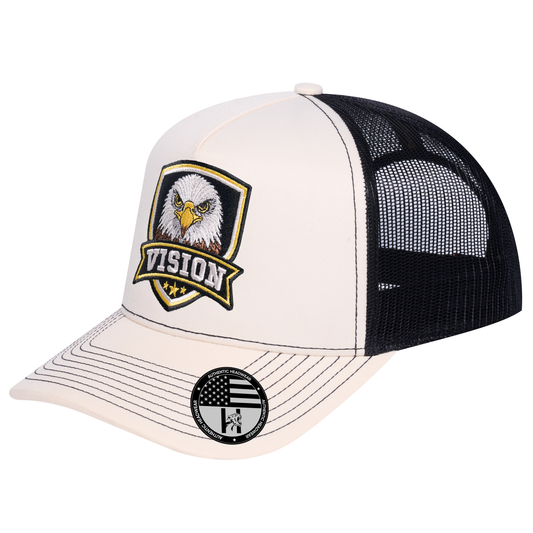 The Vision 5-Panel Trucker Hat - Ivory White front and Black mesh back - angled view