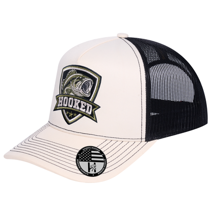 The Hooked Fishing 5-Panel Trucker Hat - Ivory White front and Black mesh back - angled view