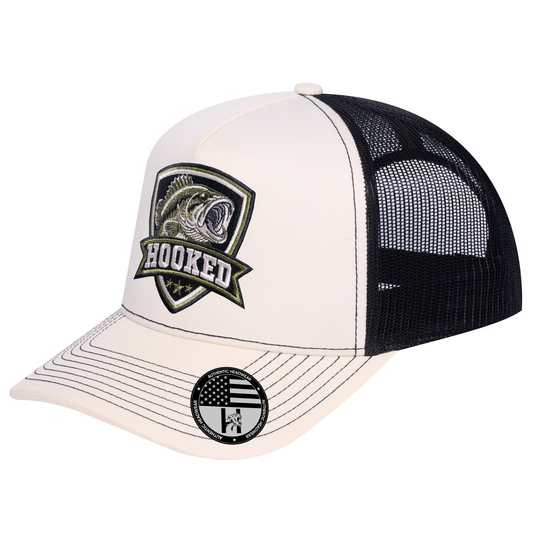 The Hooked Fishing 5-Panel Trucker Hat - Ivory White front and Black mesh back - angled view