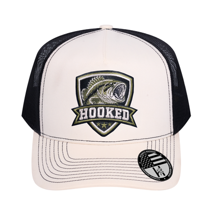 The Hooked Fishing 5-Panel Trucker Hat - Ivory White front and Black mesh back - front view