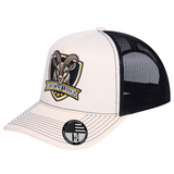 The Mountain Legend Goat 5-Panel Trucker Hat - Ivory White front and Black mesh back - angled view