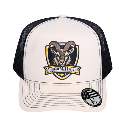 The Mountain Legend Goat 5-Panel Trucker Hat - Ivory White front and Black mesh back - front view