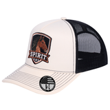 The Spirit 5-Panel Trucker Hat - Ivory White front and Black mesh back - angled view