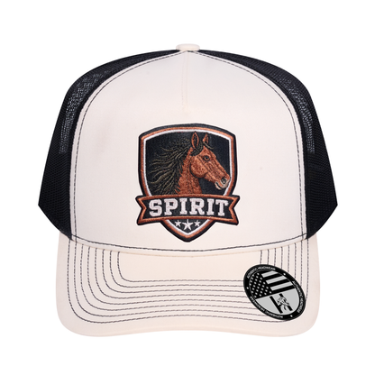 The Spirit 5-Panel Trucker Hat - Ivory White front and Black mesh back - front view