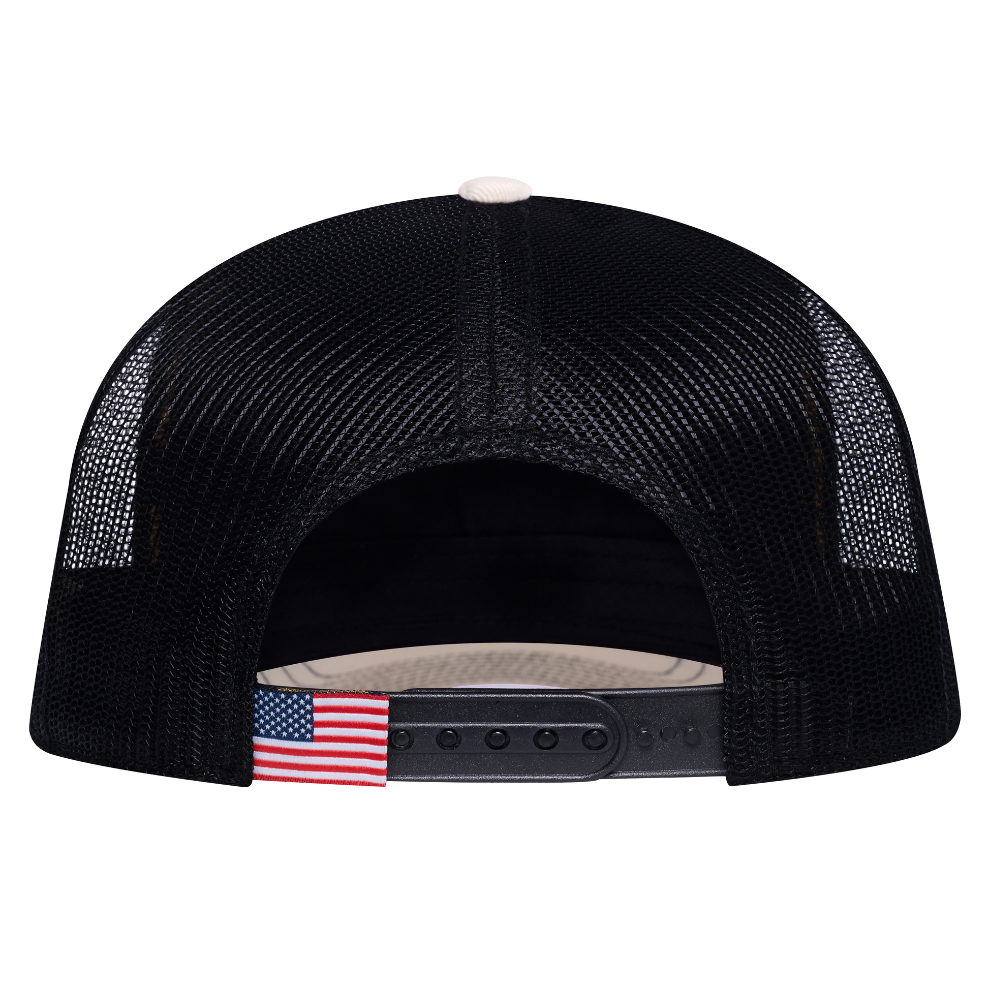 The Spirit 5-Panel Trucker Hat - Ivory White front and Black mesh back - back view