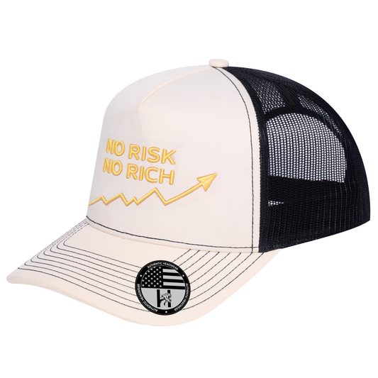 No Risk No Rich 5-Panel Trucker Hat - Ivory White front and Black mesh back - angled view