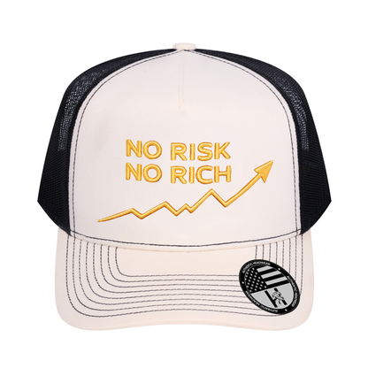No Risk No Rich 5-Panel Trucker Hat - Ivory White front and Black mesh back - front view