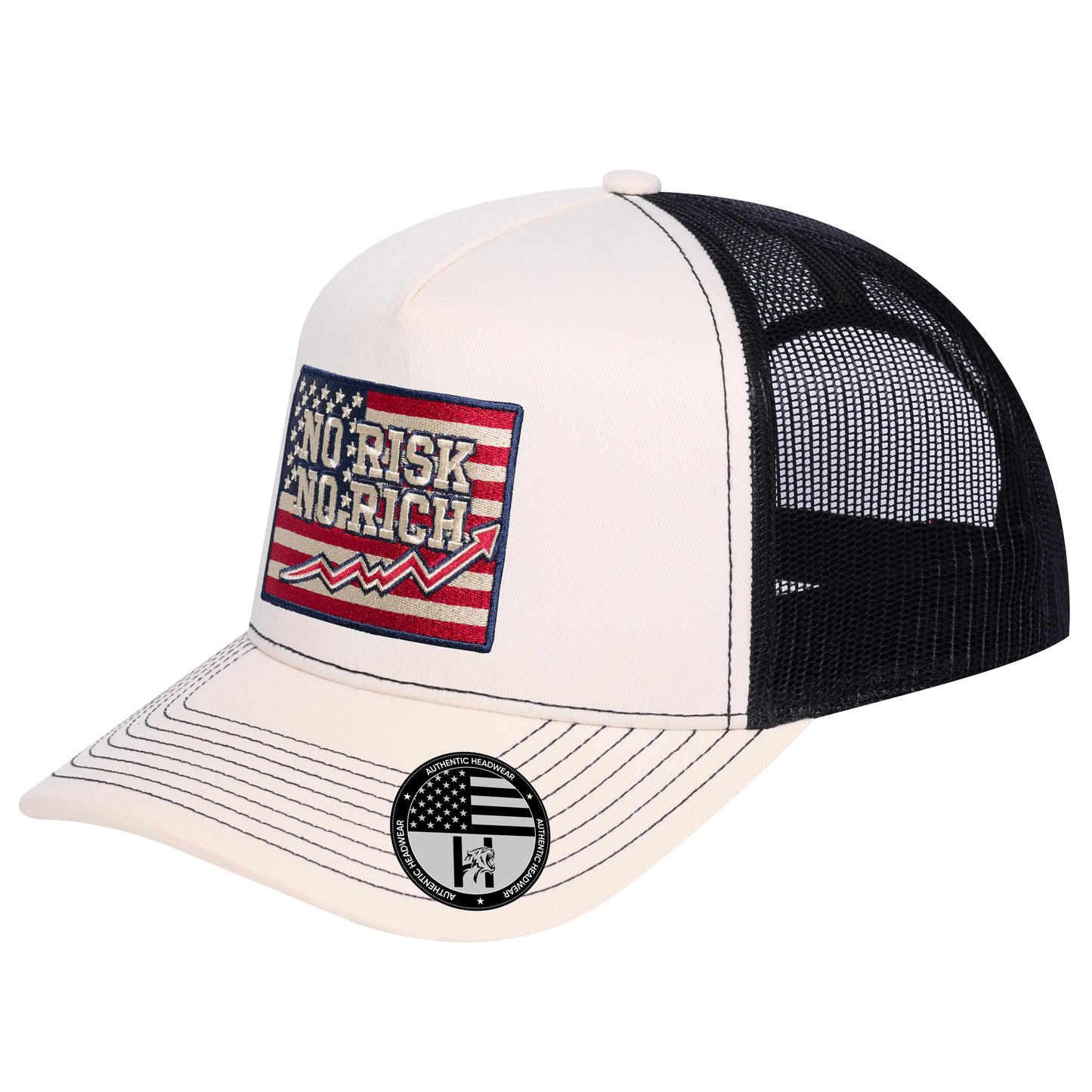 No Risk No Rich US Flag 5-Panel Trucker Hat - Ivory White front and Black mesh back - angled view