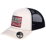 No Risk No Rich US Flag 5-Panel Trucker Hat - Ivory White front and Black mesh back - angled view