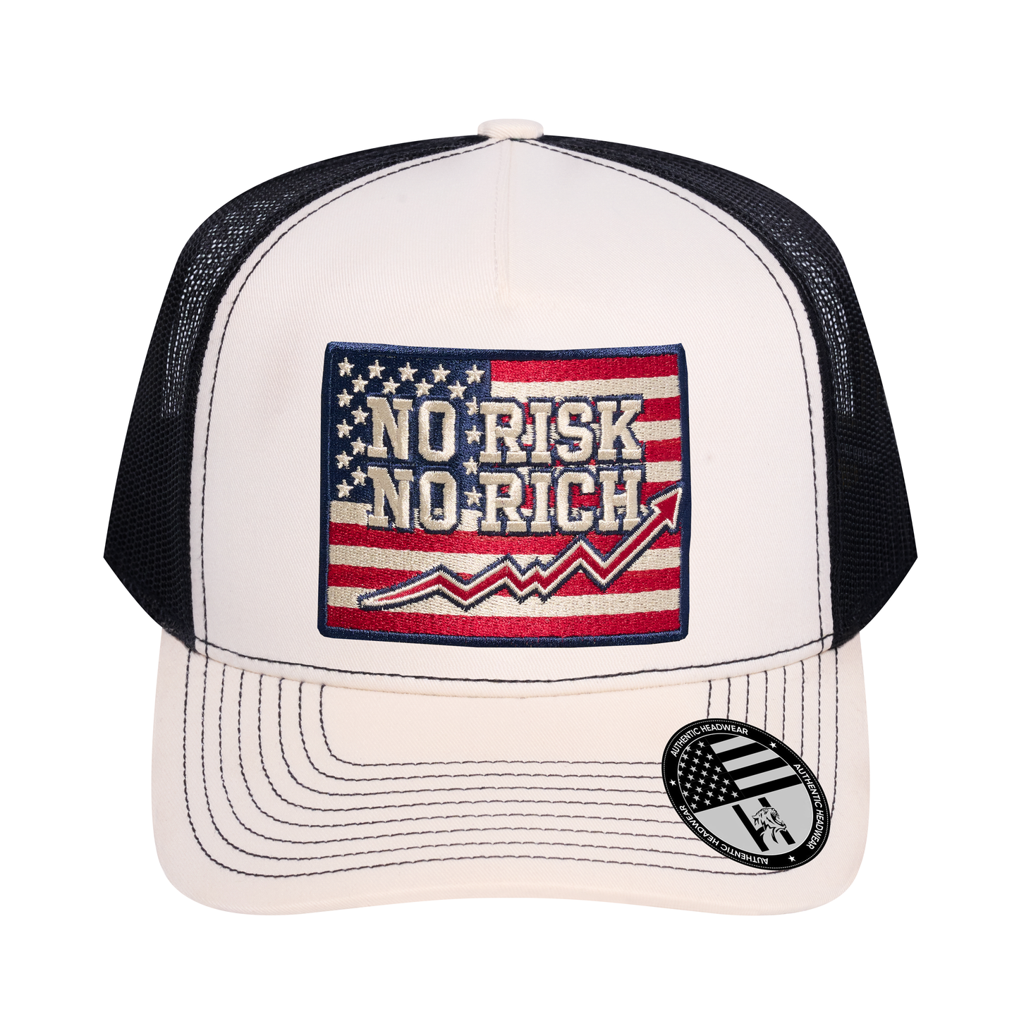 No Risk No Rich US Flag 5-Panel Trucker Hat - Ivory White front and Black mesh back - front view