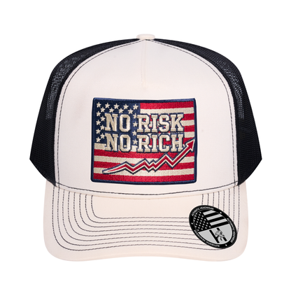 No Risk No Rich US Flag 5-Panel Trucker Hat - Ivory White front and Black mesh back - front view