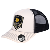 The Quick Pickleball 5-Panel Trucker Hat - Ivory White front and Black mesh back - angled view