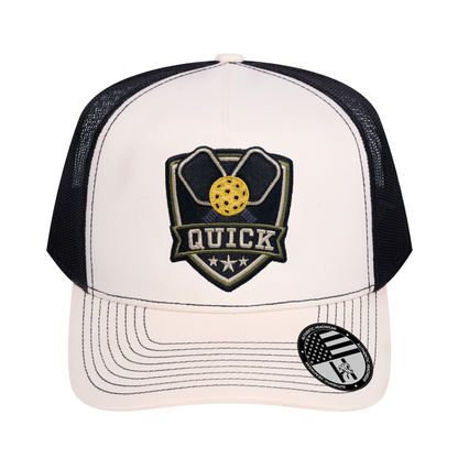 The Quick Pickleball 5-Panel Trucker Hat - Ivory White front and Black mesh back - front view