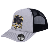 The Charge 5-Panel Trucker Hat - Light Grey Heather front and Black mesh back - angled view