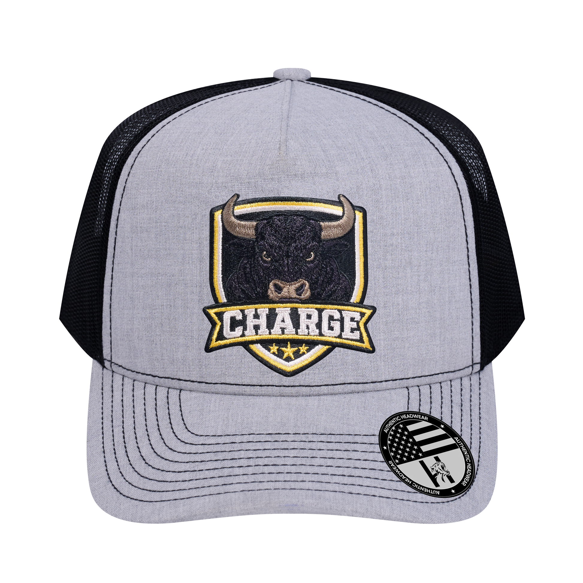 The Charge 5-Panel Trucker Hat - Light Grey Heather front and Black mesh back - front view