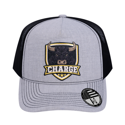 The Charge 5-Panel Trucker Hat - Light Grey Heather front and Black mesh back - front view