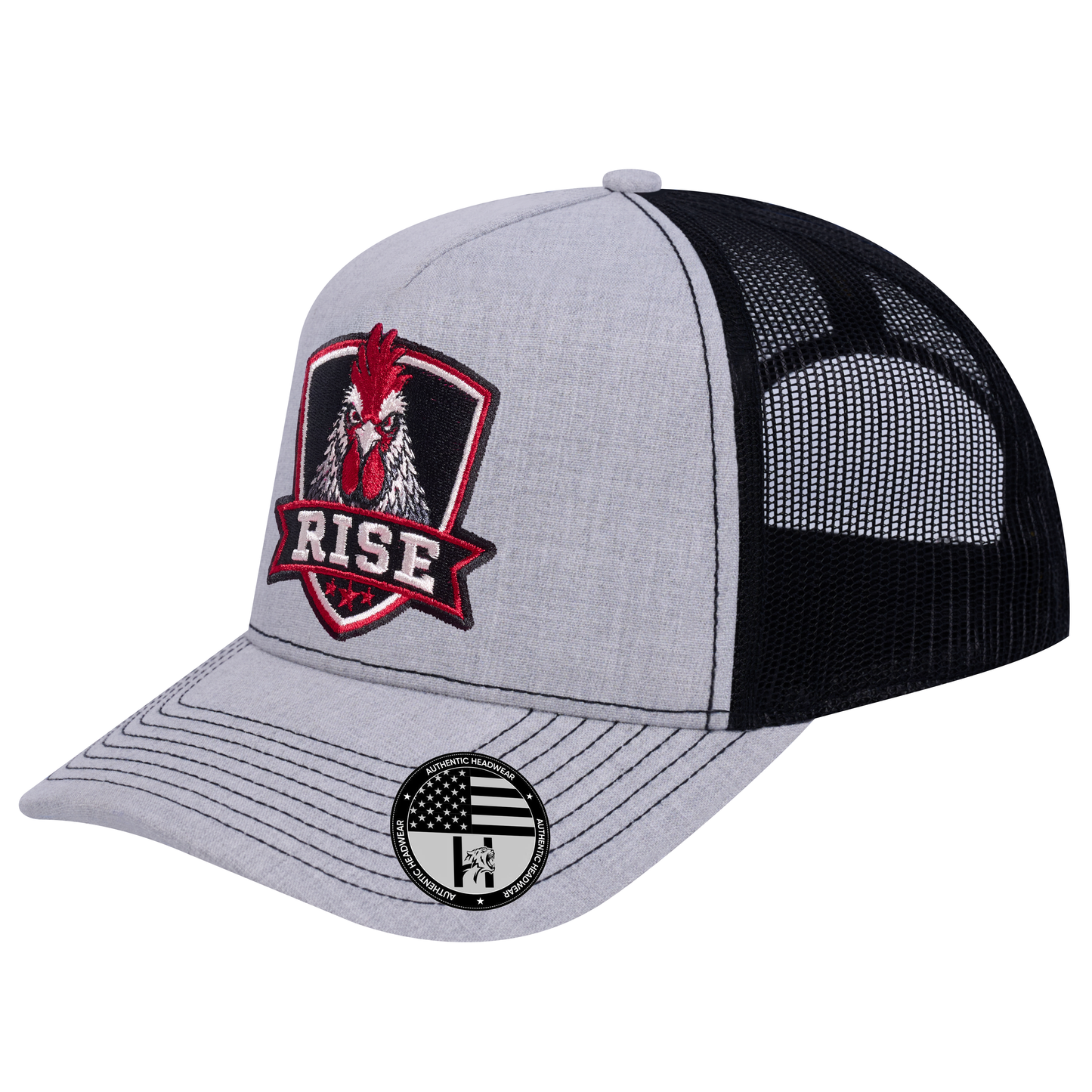 The Rise Rooster 5-Panel Trucker Hat - Light Grey Heather front and Black mesh back - angled view