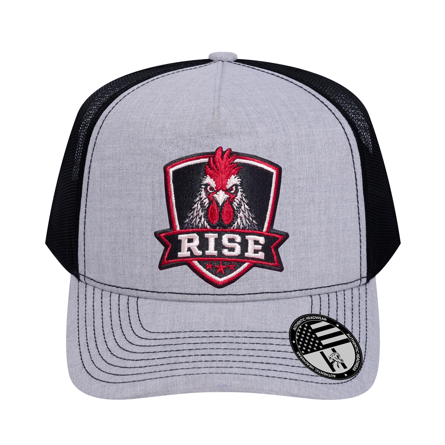 The Rise Rooster 5-Panel Trucker Hat - Light Grey Heather front and Black mesh back - front view