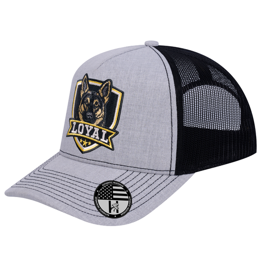 The Loyal 5-Panel Trucker Hat - Light Grey Heather front and Black mesh back - angled view
