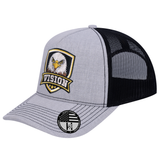 The Vision 5-Panel Trucker Hat - Light Grey Heather front and Black mesh back - angled view