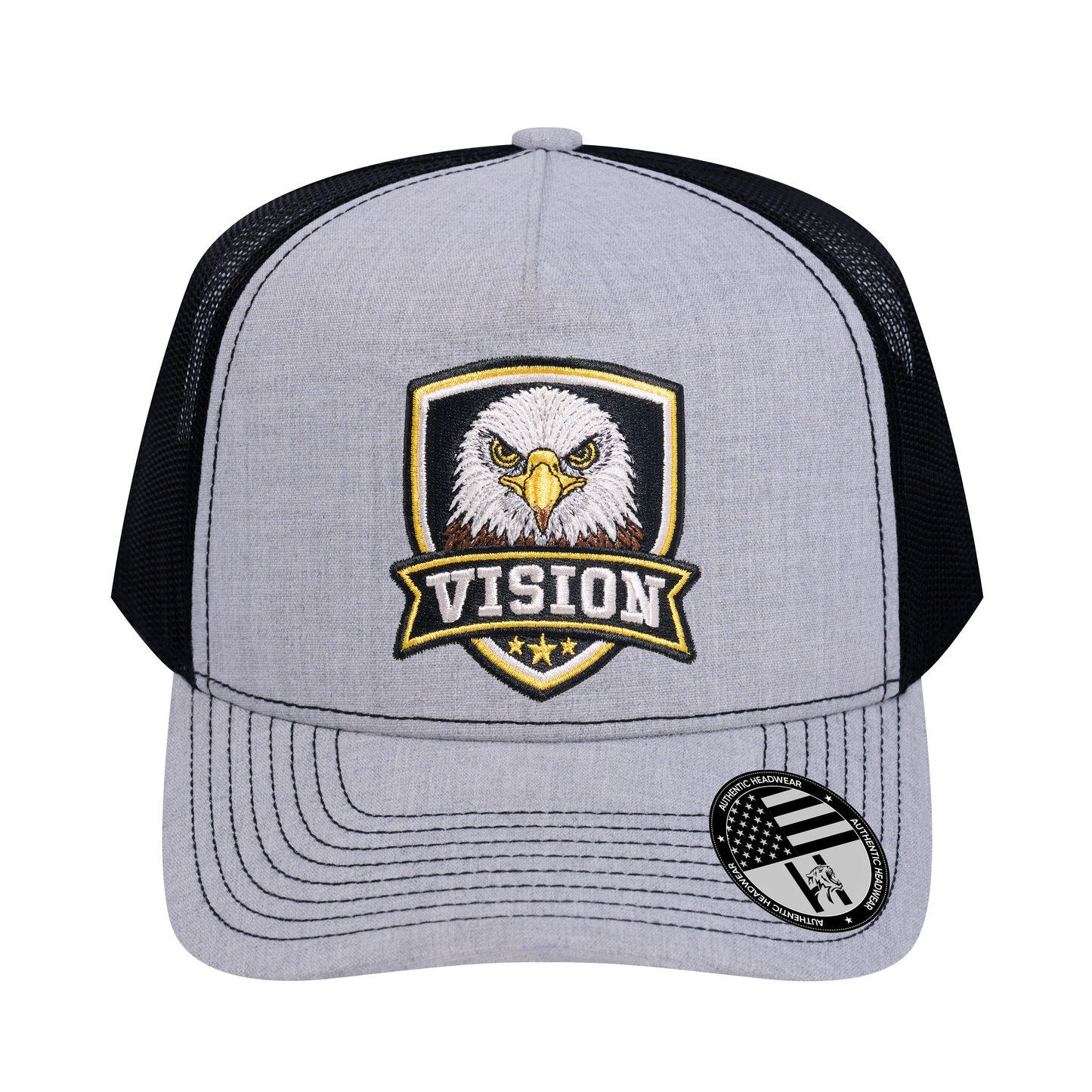 The Vision 5-Panel Trucker Hat - Light Grey Heather front and Black mesh back - front view