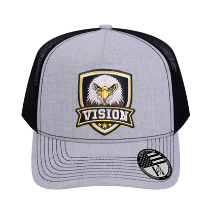 The Vision 5-Panel Trucker Hat - Light Grey Heather front and Black mesh back - front view