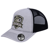 The Hooked Fishing 5-Panel Trucker Hat - Light Grey Heather front and Black mesh back - angled view