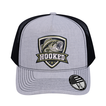 The Hooked Fishing 5-Panel Trucker Hat - Light Grey Heather front and Black mesh back - front view