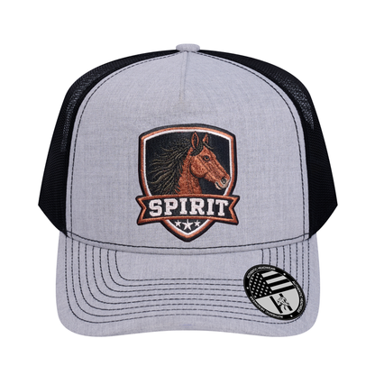 The Spirit 5-Panel Trucker Hat - Light Grey Heather front and Black mesh back - front view
