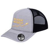 No Risk No Rich 5-Panel Trucker Hat - Light Grey Heather front and Black mesh back - angled view
