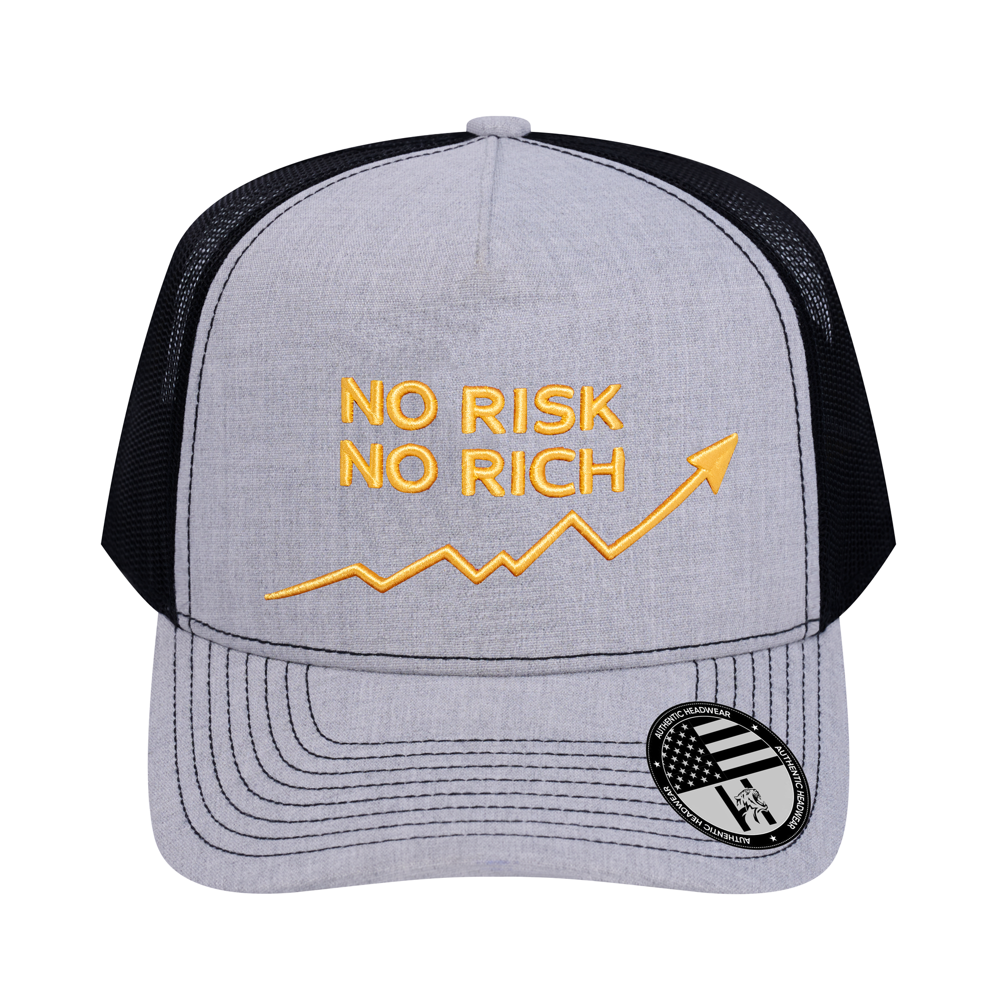 No Risk No Rich 5-Panel Trucker Hat - Light Grey Heather front and Black mesh back - front view