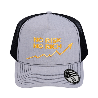 No Risk No Rich 5-Panel Trucker Hat - Light Grey Heather front and Black mesh back - front view