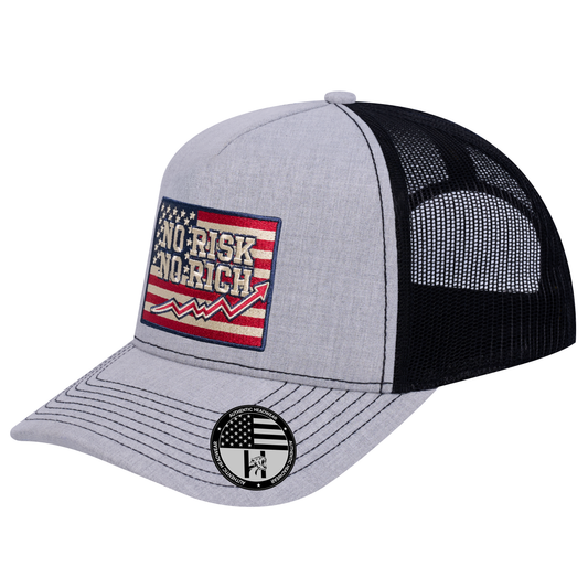 No Risk No Rich US Flag 5-Panel Trucker Hat - Light Grey Heather front and Black mesh back - angled view