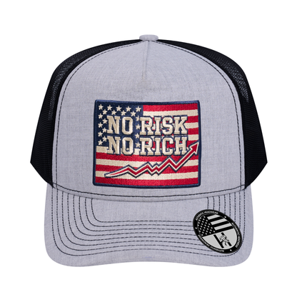 No Risk No Rich US Flag 5-Panel Trucker Hat - Light Grey Heather front and Black mesh back - front view