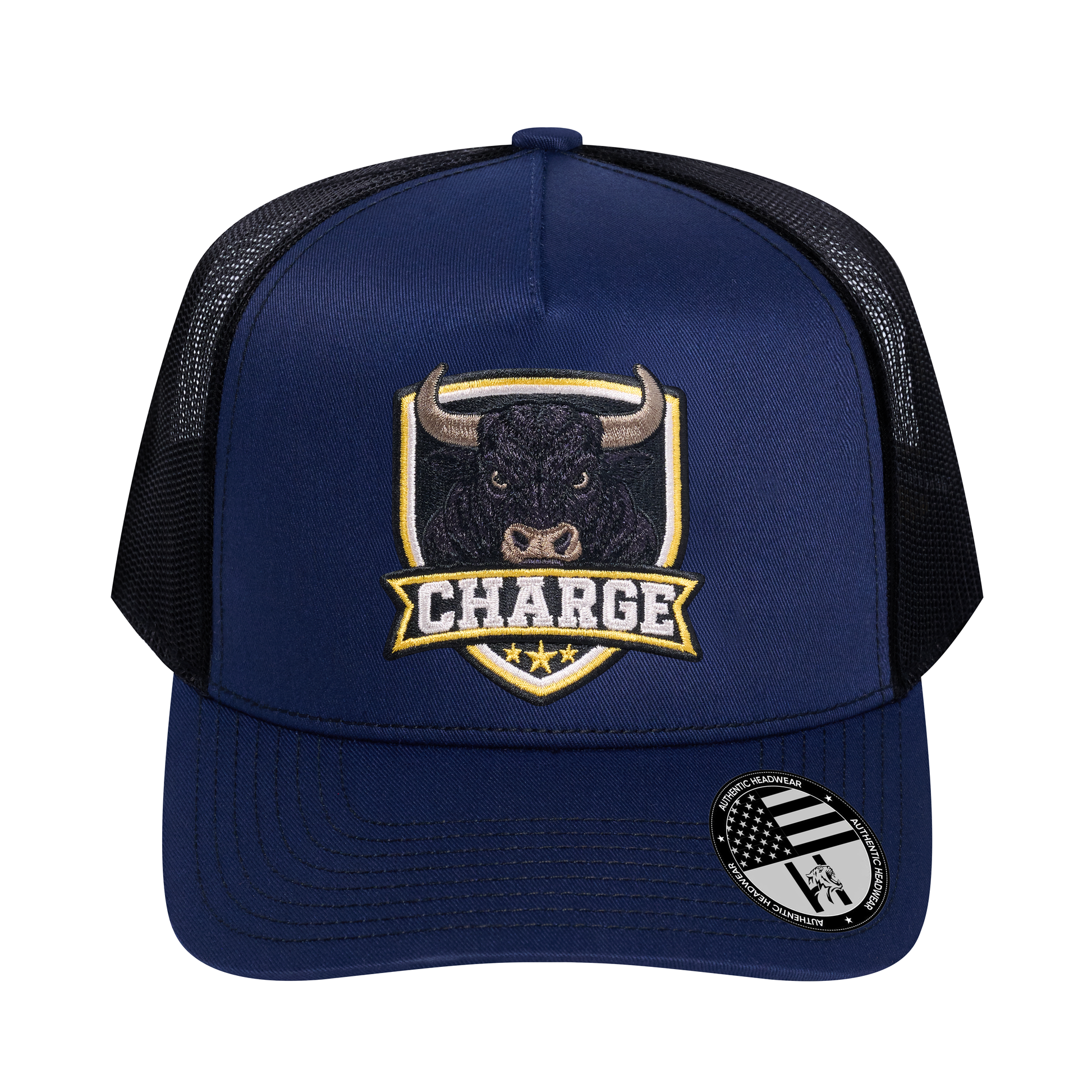 The Charge 5-Panel Trucker Hat - Navy front and Black mesh back - front view