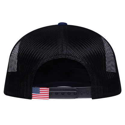 The Charge 5-Panel Trucker Hat - Navy front and Black mesh back - back view
