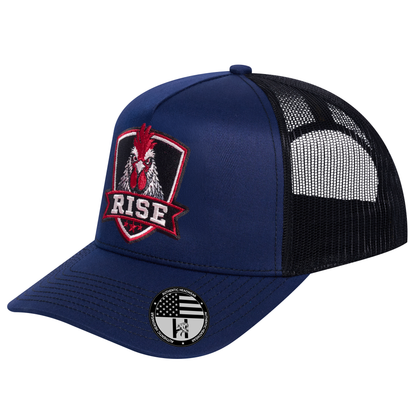 The Rise Rooster 5-Panel Trucker Hat - Navy front and Black mesh back - angled view