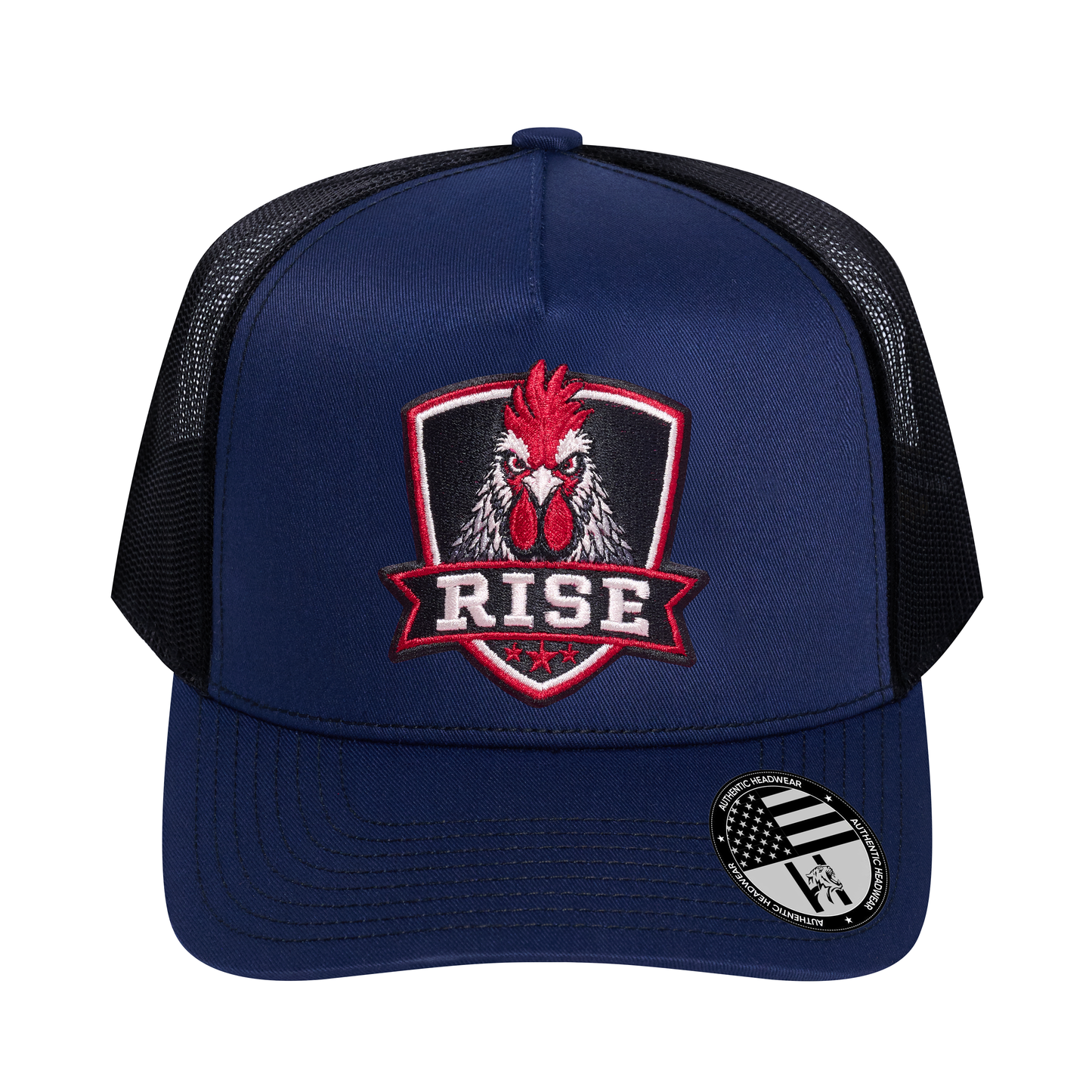 The Rise Rooster 5-Panel Trucker Hat - Navy front and Black mesh back - front view