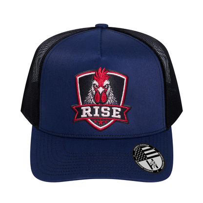 The Rise Rooster 5-Panel Trucker Hat - Navy front and Black mesh back - front view