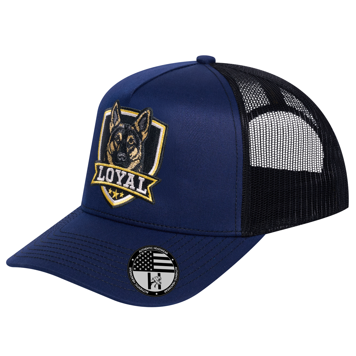 The Loyal 5-Panel Trucker Hat - Navy front and Black mesh back - angled view