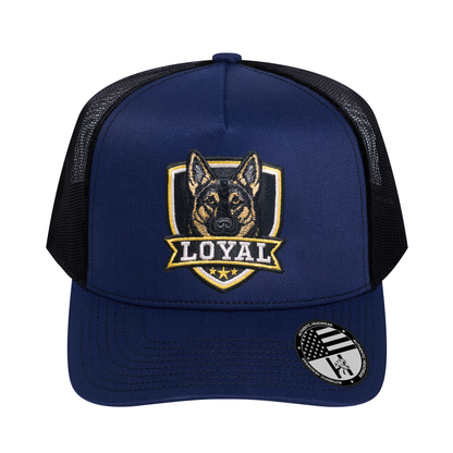 The Loyal 5-Panel Trucker Hat - Navy front and Black mesh back - front view
