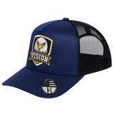The Vision 5-Panel Trucker Hat - Navy front and Black mesh back - angled view