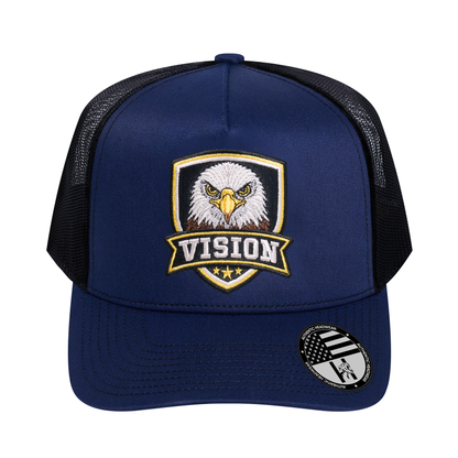 The Vision 5-Panel Trucker Hat - Navy front and Black mesh back - front view