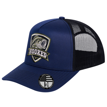 The Hooked Fishing 5-Panel Trucker Hat - Navy front and Black mesh back - angled view