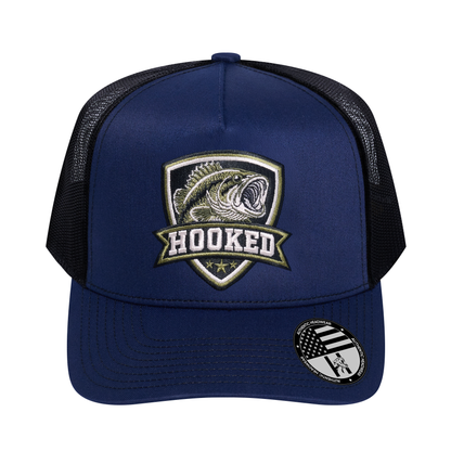 The Hooked Fishing 5-Panel Trucker Hat - Navy front and Black mesh back - front view