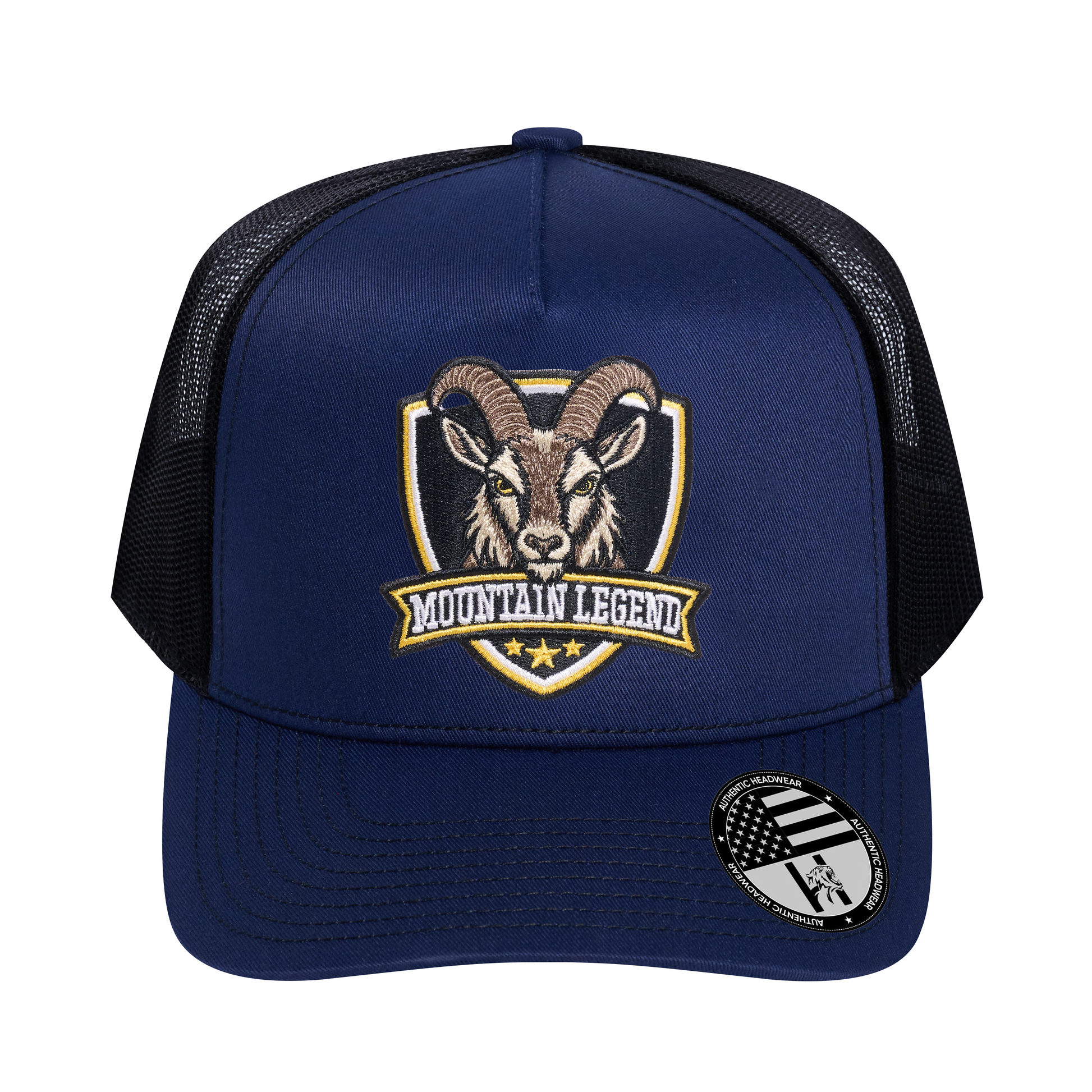 The Mountain Legend Goat 5-Panel Trucker Hat - Navy front and Black mesh back - front view