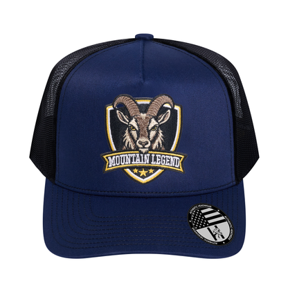 The Mountain Legend Goat 5-Panel Trucker Hat - Navy front and Black mesh back - front view