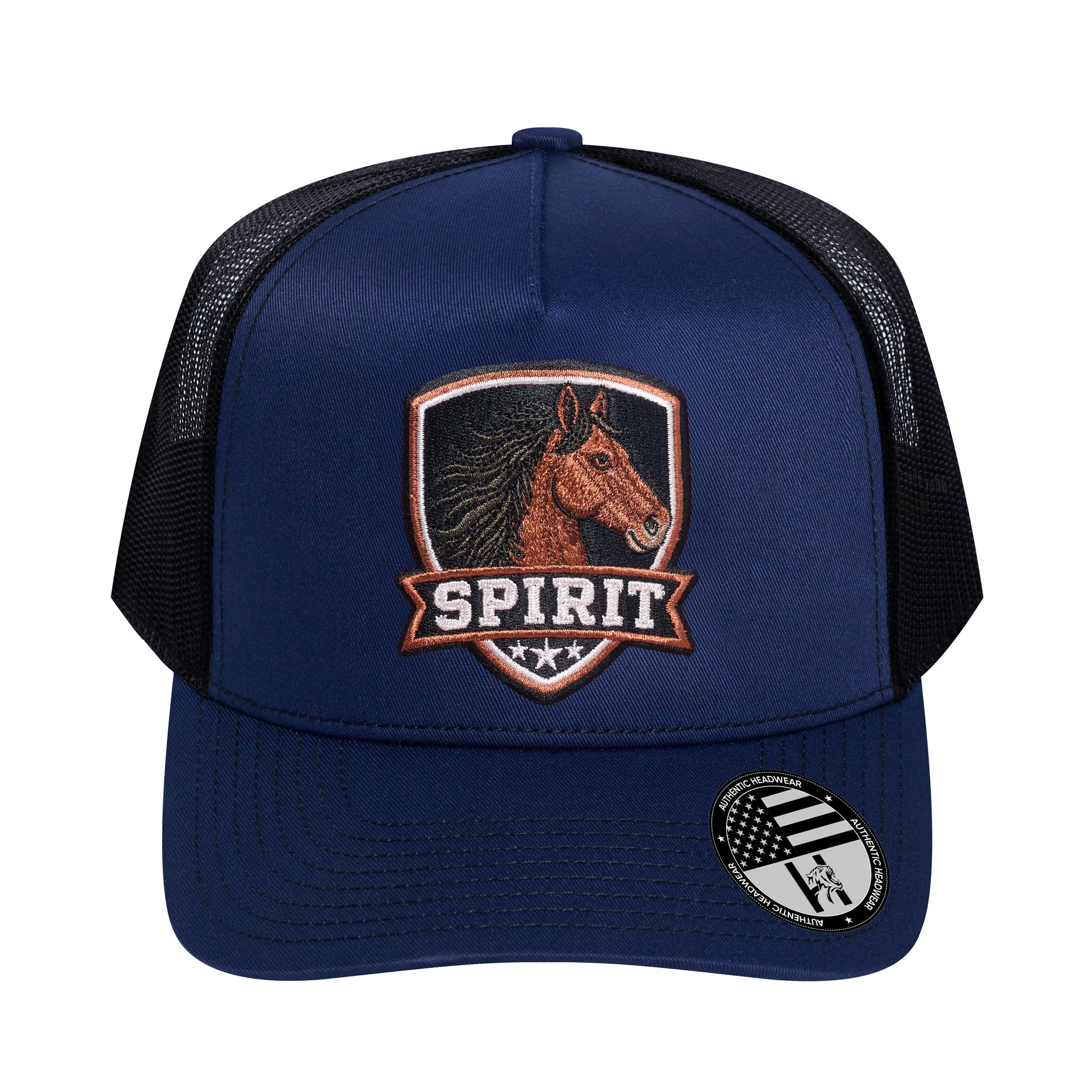 The Spirit 5-Panel Trucker Hat - Navy front and Black mesh back - front view