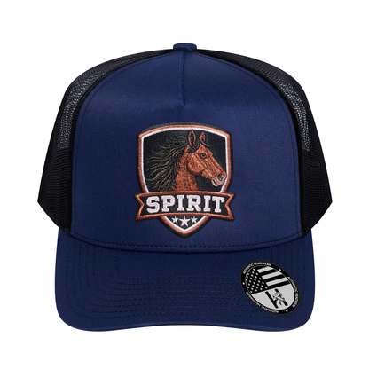 The Spirit 5-Panel Trucker Hat - Navy front and Black mesh back - front view