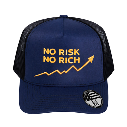 No Risk No Rich 5-Panel Trucker Hat - Navy front and Black mesh back - front view
